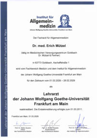 Zertifikat Dr. med. Erich Muetzel - Lehrarzt Johann Wolfgang Goethe-Universität Frankfurt am Main