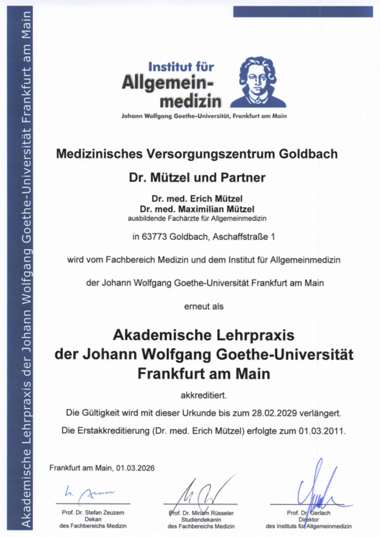 Zertifikat MVZ Goldbach als Akademische Lehrpraxis der Johann Wolfgang Goethe-Universität Frankfurt am Main